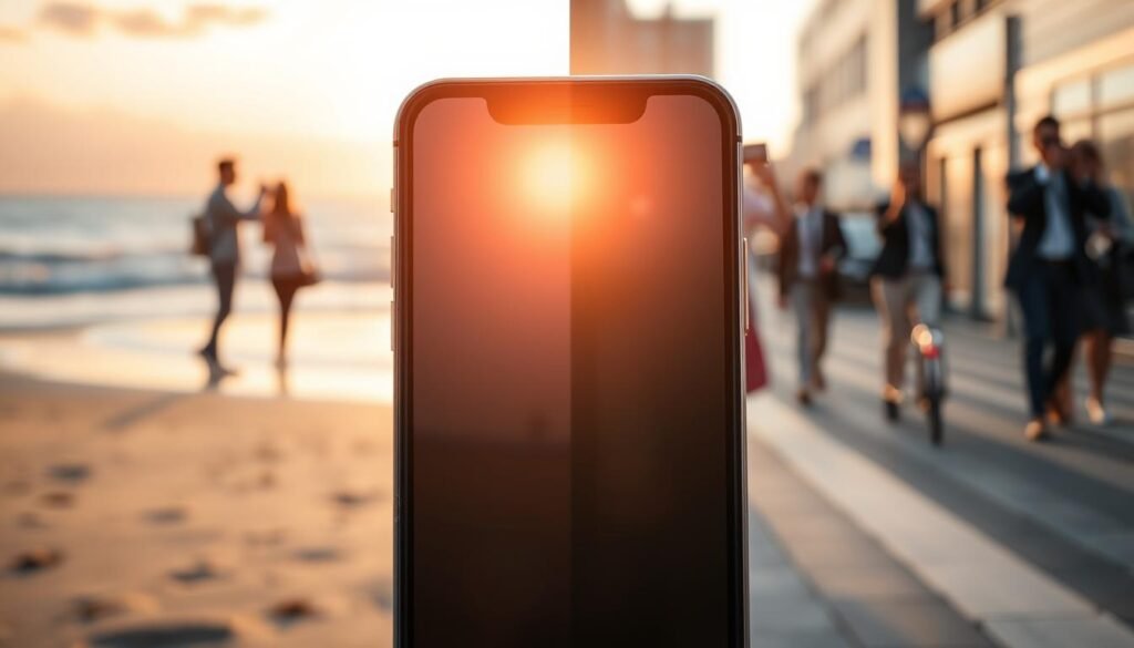 A sleek, modern smartphone prominently displayed in the foreground, showcasing its camera lens glimmering under soft, cinematic lighting. The scene captures two distinct video environments: on the left, a vibrant sunset beach setting illustrates cinematic artistry with warm hues and a gentle breeze; on the right, a practical urban landscape features a busy street with clear, pragmatic colors highlighting everyday life. The smartphone angles slightly towards the viewer, emphasizing its advanced technology. In the background, blurred silhouettes of people capturing moments, dressed in professional attire, enhance the atmosphere of creativity and utility. The overall mood is one of innovation and artistry, blending cinematic dreams with practical realities, inviting viewers into the world of smartphone videography.