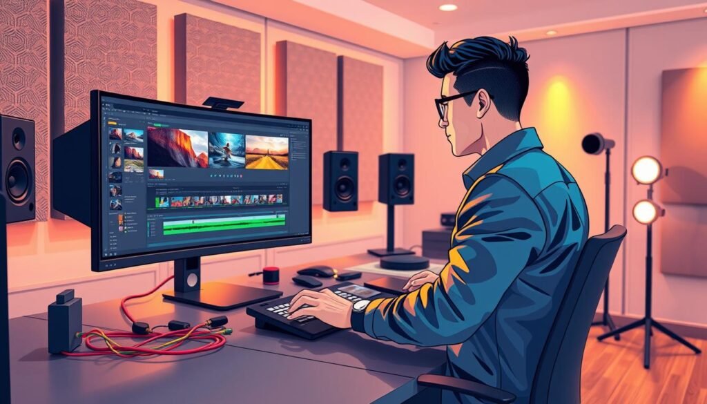 A sleek, modern video editing workspace featuring a professional video editor focused on optimizing editing processes. In the foreground, a computer monitor displays an intricate video editing software interface, with vibrant clips and timelines visible. The editor, dressed in smart casual attire, is engaged and surrounded by high-tech equipment such as a graphics tablet and dual monitor setup. The middle ground includes a stylish desk with colorful cables and studio lights, while the background shows a softly lit room with acoustic panels for sound isolation, creating a productive atmosphere. The warm, focused lighting enhances concentration, while the overall mood conveys innovation and efficiency in video editing. The composition captures a sense of professionalism and creativity without any distractions.