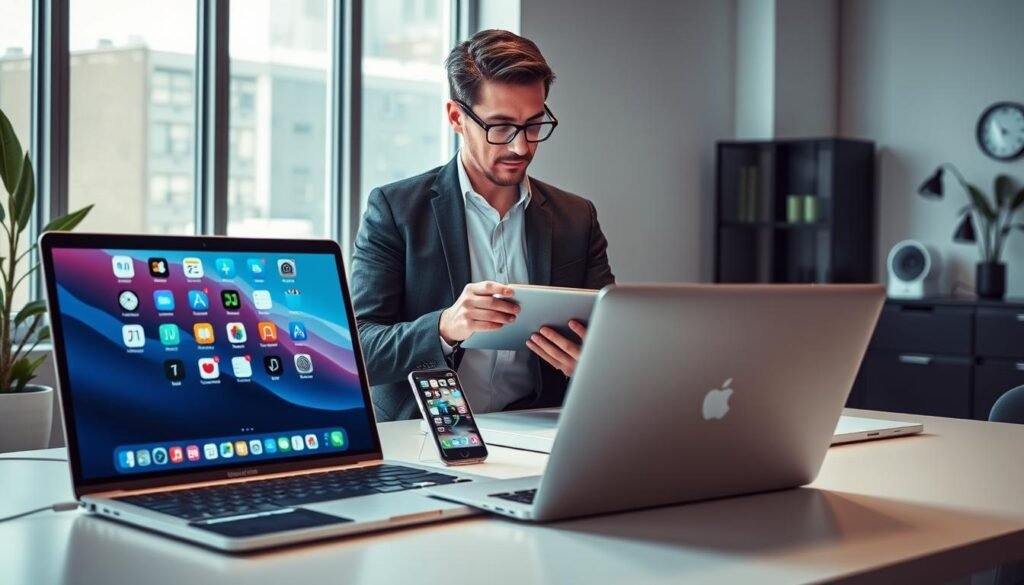 A sleek, modern workspace showcasing an integrated Apple ecosystem. In the foreground, a stylish MacBook displays various Apple applications seamlessly working together. An iPhone sits beside it, showcasing notifications and app interactions. In the middle, a well-dressed professional—wearing a smart blazer and glasses—interacts with an iPad, illustrating multitasking with ease. Background elements include a contemporary desk setup, minimalistic decor, and soft natural light streaming in through large windows, enhancing the tech-savvy ambience. The mood is one of productivity and innovation, reflecting the harmony and efficiency of Apple's integrated services, designed to evoke a sense of envy from Android users.