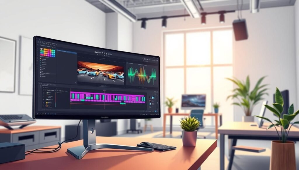 A sleek, modern workspace showcasing the distinctive features of DaVinci Resolve Studio. In the foreground, an elegantly designed monitor displays an intricate interface with vibrant color grading and timeline editing tools. A professional user in smart casual attire is focused on the screen, surrounded by a high-tech setup, including graphic tablets and audio equipment. The middle ground features stylish furniture, like a minimalist desk and chic office plants, evoking creativity and productivity. The background shows a bright, spacious studio environment with soft, diffused natural light streaming through large windows, creating an inviting atmosphere. The scene captures a blend of innovation and professionalism, highlighting the advanced capabilities that make Resolve Studio stand out in the video editing landscape.