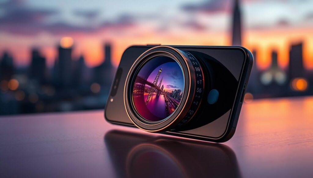 A sleek smartphone displaying an intricate periscope lens mechanism on its side, showcasing the inner workings with detailed components like mirrors and prisms. The foreground features the smartphone angled slightly to highlight the lens, while the middle ground captures the reflection of a vibrant cityscape in the lens. The background includes a blurred skyline at dusk, with warm oranges and purples in the sky, creating a dynamic contrast. Soft ambient lighting emphasizes the glossy finish of the phone and the clarity of the lens, while a focus on depth of field draws the viewer's eye to the technical details. The overall atmosphere is modern and innovative, inviting curiosity and highlighting the technology behind periscope zoom functionality. A sleek smartphone displaying an intricate periscope lens mechanism on its side, showcasing the inner workings with detailed components like mirrors and prisms. The foreground features the smartphone angled slightly to highlight the lens, while the middle ground captures the reflection of a vibrant cityscape in the lens. The background includes a blurred skyline at dusk, with warm oranges and purples in the sky, creating a dynamic contrast. Soft ambient lighting emphasizes the glossy finish of the phone and the clarity of the lens, while a focus on depth of field draws the viewer's eye to the technical details. The overall atmosphere is modern and innovative, inviting curiosity and highlighting the technology behind periscope zoom functionality.