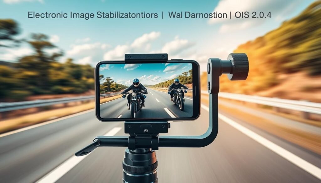 A smartphone mounted on a professional stabilization rig, showcasing the contrast between Electronic Image Stabilization (EIS) 4.0 and Optical Image Stabilization (OIS) 2.0. In the foreground, the smartphone's screen displays a vibrant video of a motorcycle ride at high speed. The middle layer captures the stabilization rig, emphasizing its sleek design and technical features like adjustable clamps and dampening mechanisms. The background features a blurred landscape of a highway, conveying motion and speed, with elements of nature rushing by. Intense yet soft natural lighting highlights the details of the rig and smartphone, while the angle is slightly tilted to enhance the dynamic feel of the scene. The overall mood is energetic and innovative, aiming to engage tech-savvy readers.