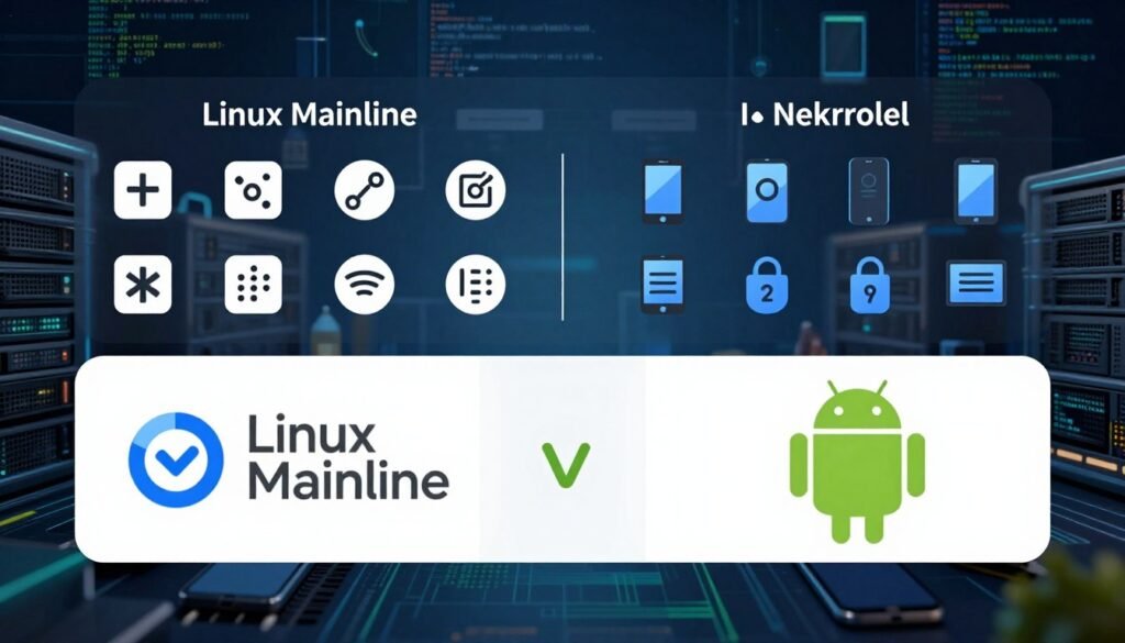 A split-screen comparison showcasing the differences between the Linux Mainline and Android Kernel. In the foreground, depict a detailed visual of the Linux Mainline logo, symbolizing open-source collaboration, juxtaposed with the Android Kernel logo representing Google’s proprietary adaptations. In the middle layer, show icons and elements that represent different development environments; for Linux, include symbols of versatility, customization, and an extensive community, while for Android, add elements that suggest optimization for mobile devices, security features, and efficiency. The background should feature a digital landscape with servers, mobile devices, and code snippets, bathed in a cool blue and green color palette to evoke a tech-savvy atmosphere. Use soft lighting to highlight key elements and create a professional, informative mood without any text elements.