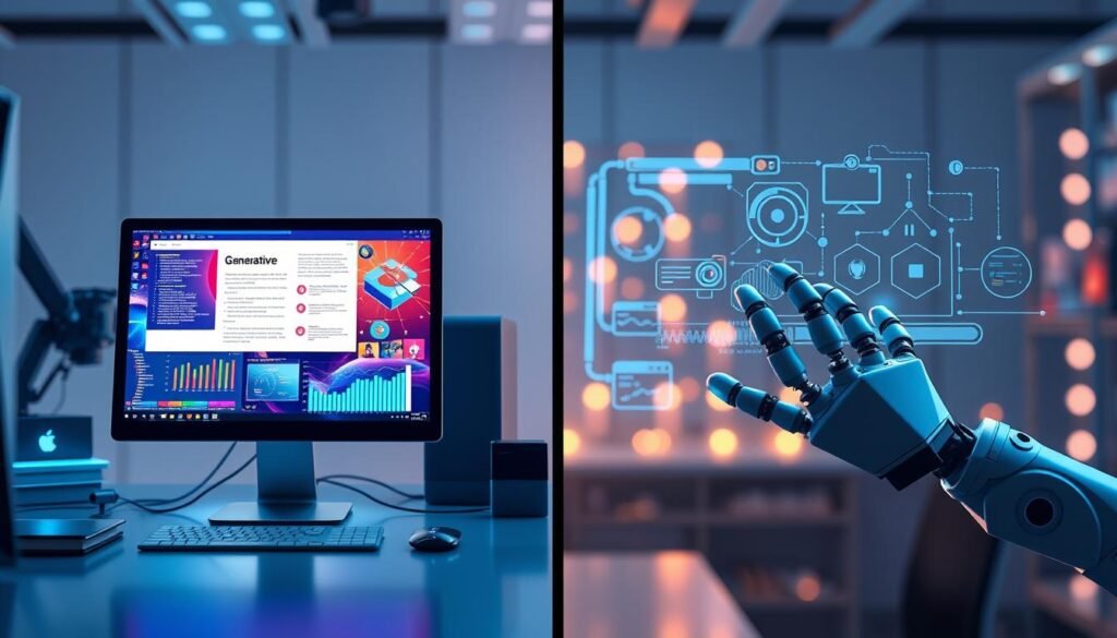 A split-screen illustration comparing Generative AI and Agentic AI workflows. On the left side, depict a vibrant, dynamic workspace with a computer screen displaying various generative AI models, such as text and image creation. Include details like colorful graphs and bright lighting, emphasizing innovation. On the right side, create a more structured, professional environment showing Agentic AI applications, with robotic hands interacting with digital interfaces. Use cooler tones for this side, conveying precision and efficiency. The background should seamlessly merge the two worlds, representing a transition from creativity to agency. Capture the mood of evolution in technology, with soft lighting and a focus on sleek, modern design elements.