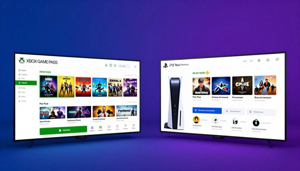 A split-screen image comparing Xbox Game Pass and PS Plus Premium features, showcasing a sleek digital interface for each service. In the foreground, on the left, the Xbox Game Pass logo and a user-friendly dashboard with vibrant game thumbnails and a clear subscription option. On the right, the PS Plus Premium logo with an elegant layout featuring game categories and highlighted features. In the middle ground, subtle visual distinctions show game collections and exclusive offers for each service. The background features a soft gradient, transitioning from deep blue for Xbox to a rich purple for PlayStation, symbolizing their unique brands. The lighting is bright and modern, giving a tech-savvy feel. The entire composition exudes a professional yet energetic atmosphere, ideal for illustrating a detailed comparison.