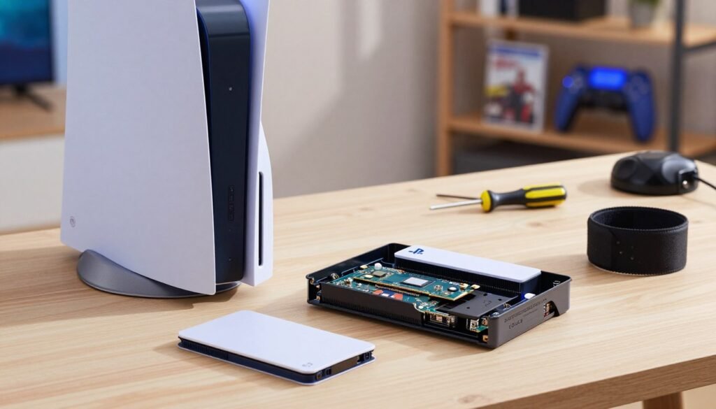 A step-by-step installation guide for a PS5 SSD expansion, depicted in a clear and informative manner. The foreground features a close-up of a PS5 console with its cover removed, showcasing the SSD slot, along with a compatible SSD drive beside it. The middle ground includes a well-organized workspace with tools necessary for installation like a screwdriver and an anti-static wrist strap. The background is softly blurred, depicting a cozy gaming room with shelves of games and accessories. The lighting is bright but warm, highlighting the console and tools effectively, while a slight depth of field draws focus to the SSD installation process. The overall atmosphere is educational and inviting, aimed at gamers looking to enhance their PS5 experience.