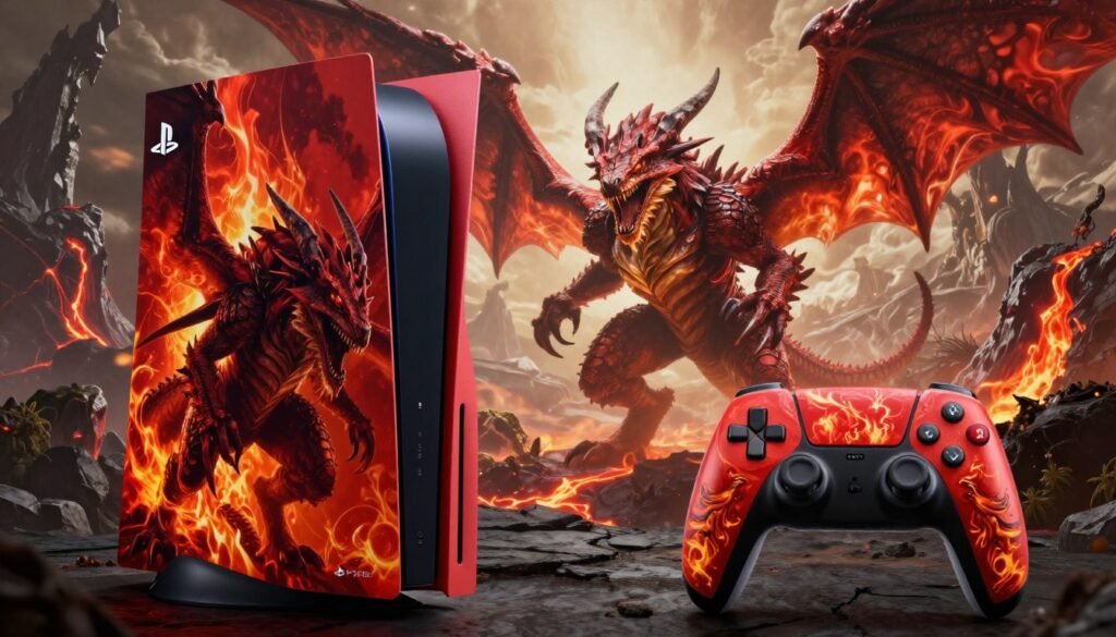 A striking illustration of the "Monster Hunter World: Rathalos Limited Edition" console. In the foreground, showcase the beautifully designed PlayStation console featuring a fiery red and black color scheme, adorned with elegant Rathalos artwork, capturing the monster's majestic wings and fierce eyes. In the middle, include a detailed close-up of the accompanying controller, showcasing similar artistic elements with intricate designs. The background transitions to a vivid, fantasy landscape depicting a mountainous region filled with volcanic lava flows, emphasizing the wild and adventurous spirit of Monster Hunter. Use dramatic lighting to create shadows and highlights on the console, with a slight focus blur to draw attention to the foreground. The overall mood should evoke excitement and enthusiasm in a dynamic, action-packed atmosphere, perfectly suited for gaming enthusiasts.