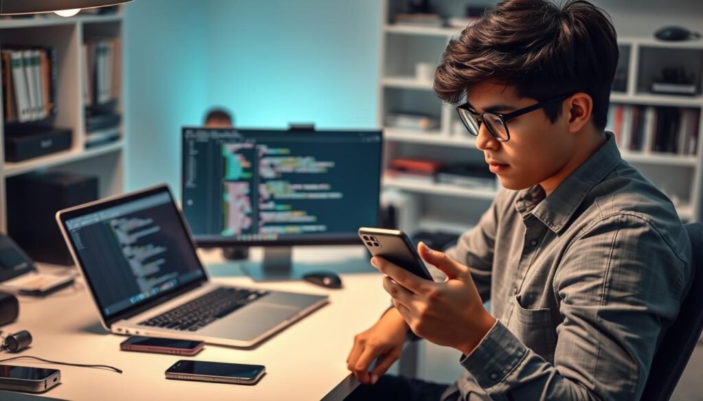 A tech-savvy individual troubleshooting an Android application on a modern smartphone, seated at a clean, organized desk filled with tech gadgets. The foreground shows the person, a young adult in casual but neat attire, focused on the phone with a determined expression. In the middle, a laptop displays coding and debugging tools, providing a contrast to the smartphone. The background features soft, ambient lighting that creates a professional, yet relaxed atmosphere with shelves lined with tech books and devices. The scene captures a moment of concentration and problem-solving, emphasizing the troubleshooting theme in a contemporary workspace setting.