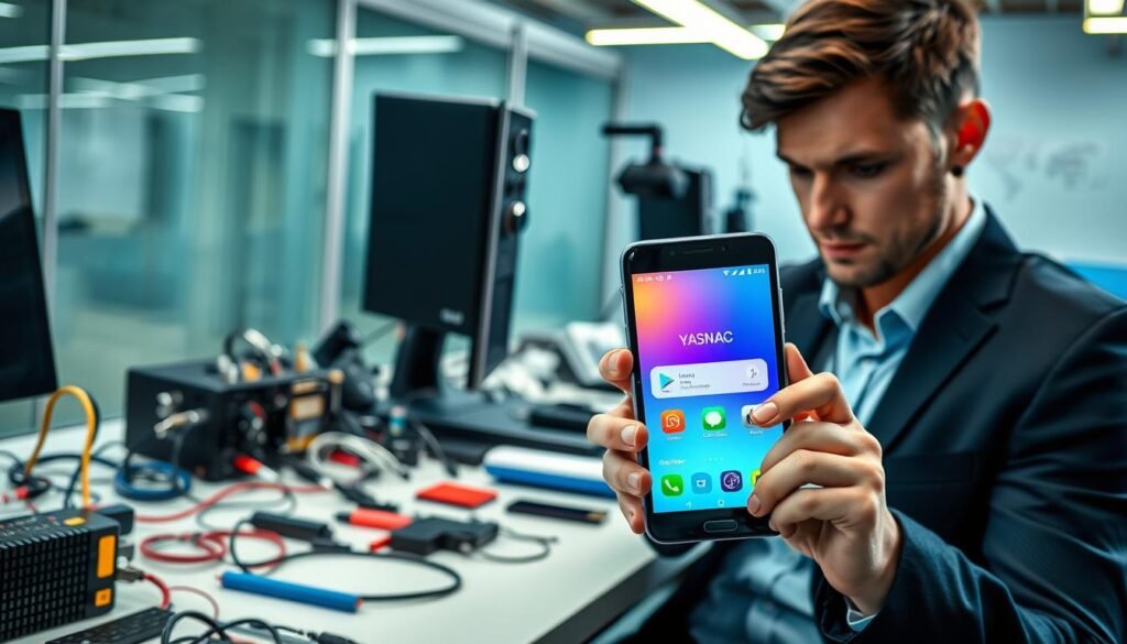 A tech-savvy scene featuring a mobile phone displaying the YASNAC app interface, with vibrant colors highlighting its features. In the foreground, a focused individual in business attire examines the screen, showcasing curiosity and concentration. The middle ground includes an assortment of electronic devices, cables, and tools, emphasizing a testing environment. The background features a modern workspace with subtle hints of Android and software development elements. Soft lighting creates a professional ambiance, accentuating the devices and the individual's expression. The image conveys a sense of innovation and determination, seamlessly blending technology and user engagement in a contemporary setting.