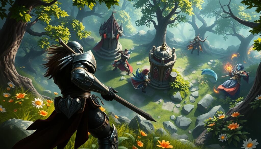 A tense and dynamic scene of a jungler character executing a gank in the "gold lane" of a vibrant fantasy arena. In the foreground, the jungler, dressed in sleek armor, stealthily approaches an unsuspecting enemy champion engaged in combat. The middle ground features the enemy minions and tower, surrounded by lush terrain and flowers, contrasting with the tension of the attack. In the background, other heroes are visible engaging in a chaotic team fight, with magical effects illuminating the scene. The lighting is dramatic, emphasizing the sneaky movement of the jungler with dappled sunlight filtering through the trees, creating shadows. The overall mood is intense and strategic, capturing the essence of teamwork and high-stakes gameplay in a multiplayer online battle arena.