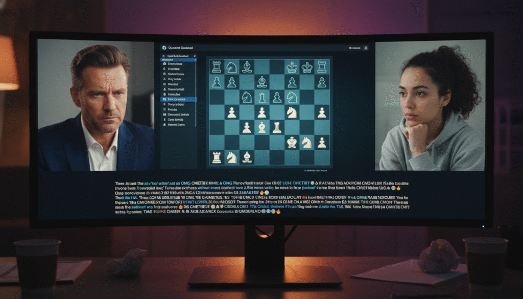 A tense online chess match scene, illustrating the heated atmosphere of a controversial game. In the foreground, a computer screen displays a dramatic chessboard with pieces in mid-play, capturing the intensity of the competition. A close-up of a player's focused face is framed on the left, showing a middle-aged man in professional attire. In the middle, a split screen shows the opposing player on the right, a young woman wearing casual clothing, deep in thought, analyzing her next move. The background features a digital gaming environment with chat messages and emojis that evoke excitement and tension. Soft, focused lighting highlights the players, creating a dramatic contrast against the dimly lit room, emphasizing the mood of rivalry and suspense. A tense online chess match scene, illustrating the heated atmosphere of a controversial game. In the foreground, a computer screen displays a dramatic chessboard with pieces in mid-play, capturing the intensity of the competition. A close-up of a player's focused face is framed on the left, showing a middle-aged man in professional attire. In the middle, a split screen shows the opposing player on the right, a young woman wearing casual clothing, deep in thought, analyzing her next move. The background features a digital gaming environment with chat messages and emojis that evoke excitement and tension. Soft, focused lighting highlights the players, creating a dramatic contrast against the dimly lit room, emphasizing the mood of rivalry and suspense.