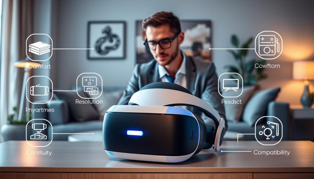 A thoughtfully designed scene showcasing tips for choosing the right PlayStation VR2 headset. In the foreground, a sleek and modern PlayStation VR2 headset is resting on a stylish table, surrounded by user-friendly icons representing key features: comfort, resolution, and compatibility, all illustrated with simple, clear graphics. In the middle ground, a professional individual in smart casual attire is seen examining the headset with interest, their face illuminated by soft, warm lighting that enhances the inviting atmosphere. The background features a cozy, tech-inspired living room with subtle decor and soft lighting, suggesting a perfect setup for VR gaming. The overall mood is informative yet relaxed, perfect for guiding readers in their selection process. A thoughtfully designed scene showcasing tips for choosing the right PlayStation VR2 headset. In the foreground, a sleek and modern PlayStation VR2 headset is resting on a stylish table, surrounded by user-friendly icons representing key features: comfort, resolution, and compatibility, all illustrated with simple, clear graphics. In the middle ground, a professional individual in smart casual attire is seen examining the headset with interest, their face illuminated by soft, warm lighting that enhances the inviting atmosphere. The background features a cozy, tech-inspired living room with subtle decor and soft lighting, suggesting a perfect setup for VR gaming. The overall mood is informative yet relaxed, perfect for guiding readers in their selection process.