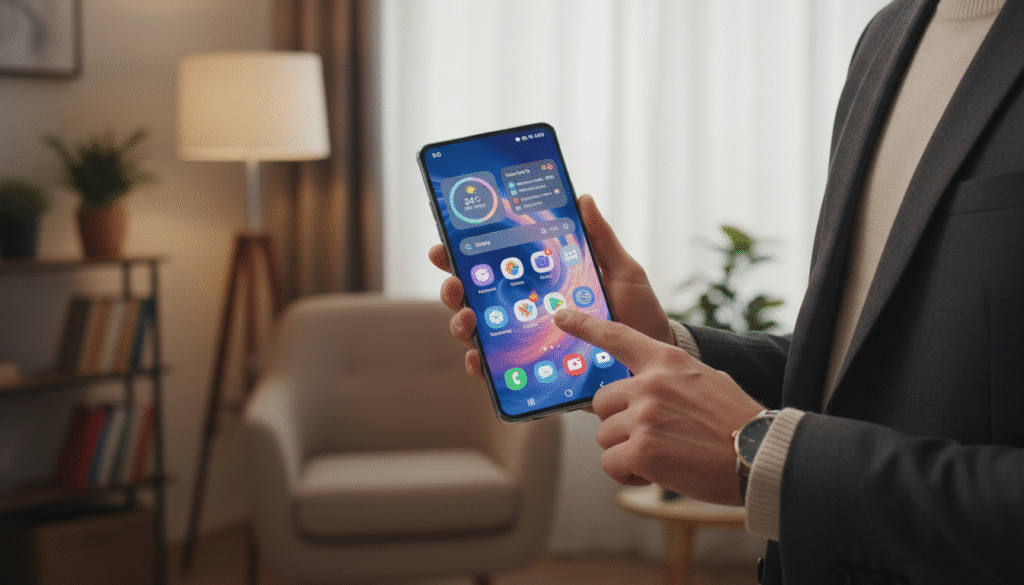 A vibrant Android home screen redesigned to resemble an iPhone 16, showcasing a neat layout filled with colorful widgets. In the foreground, display a sleek Samsung Galaxy phone held by a professional individual in smart casual attire, their fingers gently interacting with the screen. The middle ground features a close-up of the home screen with glossy app icons, attractive weather and calendar widgets, and bright wallpapers reminiscent of iOS. The background is blurred with soft lighting, creating an inviting atmosphere. The scene is illuminated with warm tones, simulating a cozy indoor environment, emphasizing the ease of transforming the Android interface. The overall mood is inspirational and modern, capturing a seamless integration of styles without visual clutter.