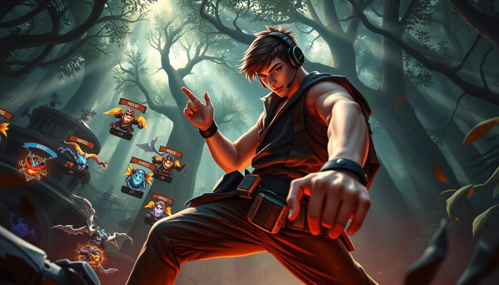 A vibrant and dynamic scene depicting a mobile legends jungler in action. In the foreground, a focused figure is immersed in a striking pose, wearing a modern gaming outfit, complete with headphones and a tactical belt filled with gaming gear. In the middle ground, various buffs and jungle monsters are illustrated, showing the essential elements of pathing and strategy, with glowing effects highlighting the buffs. The background features a lush, mystical jungle environment, with trees and shadows creating depth. The lighting is dramatic, with rays of light filtering through the canopy, casting an engaging atmosphere of excitement and intensity. The angle captures the character from a low perspective, emphasizing their role as a crucial player in the game.