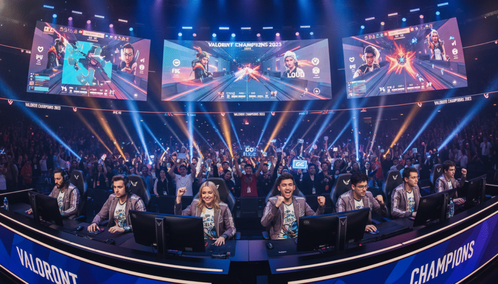 A vibrant and engaging scene showcasing the global impact of esports, particularly focusing on the Valorant Champions 2023. In the foreground, a diverse group of professional gamers in smart casual attire are intensely engaged in a high-stakes match, their expressions reflecting concentration and excitement. In the middle, large screens display thrilling gameplay, highlighting the dynamic action of Valorant, while fans cheer in the background. The backdrop features a lively esports arena filled with an enthusiastic crowd, illuminated with colorful lights that create an electric atmosphere. Soft focus captures the energy of the venue, emphasizing the connection between local audiences and the global esports community. The overall mood is one of unity and passion, celebrating the substantial contribution of esports to both local and global ecosystems.