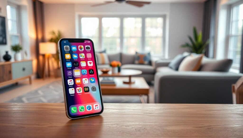 A vibrant and interactive setup showcasing the customization features of iOS 18's home screen and lock screen. In the foreground, an iPhone 14 is displayed, featuring a colorful array of personalized app icons and widgets, set against a sleek wooden table. The middle ground reveals a cozy living room space with soft, warm lighting and stylish decor, highlighting the modern aesthetic of the setting. In the background, subtle hints of a large window can be seen, allowing natural light to filter in, enhancing the inviting atmosphere. The overall mood is friendly and engaging, emphasizing technology's seamless integration into daily life. The image should evoke a sense of innovation and personalization without any text or overlays.
