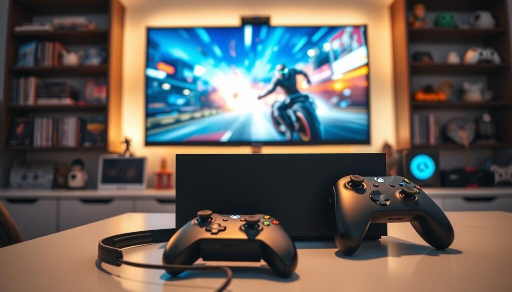 A vibrant close-up of an Xbox Series X console sitting prominently on a sleek gaming desk. The foreground features a pair of modern black gaming headphones and a refined wireless controller beside it, showcasing the gaming gear associated with the platform. In the middle ground, a large monitor displays a colorful action-packed game scene, possibly from one of the Day One titles, illuminating the space with dynamic lighting. The background is softly blurred, hinting at shelves filled with various game cases and collectible figurines, creating an inviting gaming atmosphere. The overall mood is energetic and engaging, emphasizing the excitement of gaming on the Xbox Series X. Soft, ambient lighting casts shadows, highlighting the details of the console and accessories. The camera angle is slightly tilted from above, inviting viewers into this gaming space.