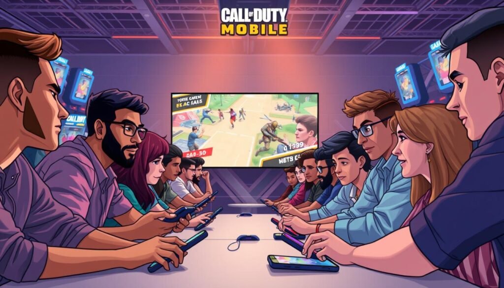 A vibrant community scene focused on mobile gaming, showcasing diverse gamers engaged in intense gameplay. In the foreground, a group of players of various ethnicities, ages 20-30, are seated around a table, using mobile devices with serious expressions, clad in casual yet neat clothing. The middle ground includes a large screen displaying a high-energy match of Call of Duty Mobile, with colorful graphics and action-packed visuals. The background features a lively gaming environment with multiple gaming stations and spectators cheering, illuminated by dynamic LED lights in cool blue and red tones. The overall atmosphere is competitive and electric, capturing the passion and excitement of the Call of Duty Mobile community. The perspective is slightly angled from above, enhancing the immersive setting.