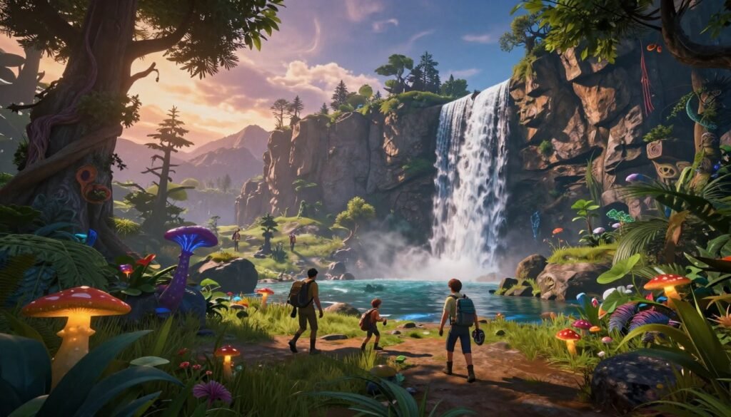 A vibrant open-world landscape inspired by next-gen PlayStation 5 graphics, featuring stunning, diverse environments. In the foreground, a lush forest with exotic plants and glowing mushrooms, inviting exploration. The middle ground showcases a majestic waterfall cascading down rocky cliffs, with crystal-clear water pooling below. Adventurous characters in modest casual clothing are seen traversing the scene, wielding gadgets for exploration. The background features distant mountains under a dynamic sky filled with swirling clouds, indicating time transition from sunset to twilight. The mood is adventurous and mystical, capturing the essence of limitless exploration. Soft, natural lighting highlights intricate details of the environment, enhancing the atmosphere of discovery. The scene is framed with a slight tilt, adding a dynamic and engaging perspective. A vibrant open-world landscape inspired by next-gen PlayStation 5 graphics, featuring stunning, diverse environments. In the foreground, a lush forest with exotic plants and glowing mushrooms, inviting exploration. The middle ground showcases a majestic waterfall cascading down rocky cliffs, with crystal-clear water pooling below. Adventurous characters in modest casual clothing are seen traversing the scene, wielding gadgets for exploration. The background features distant mountains under a dynamic sky filled with swirling clouds, indicating time transition from sunset to twilight. The mood is adventurous and mystical, capturing the essence of limitless exploration. Soft, natural lighting highlights intricate details of the environment, enhancing the atmosphere of discovery. The scene is framed with a slight tilt, adding a dynamic and engaging perspective.
