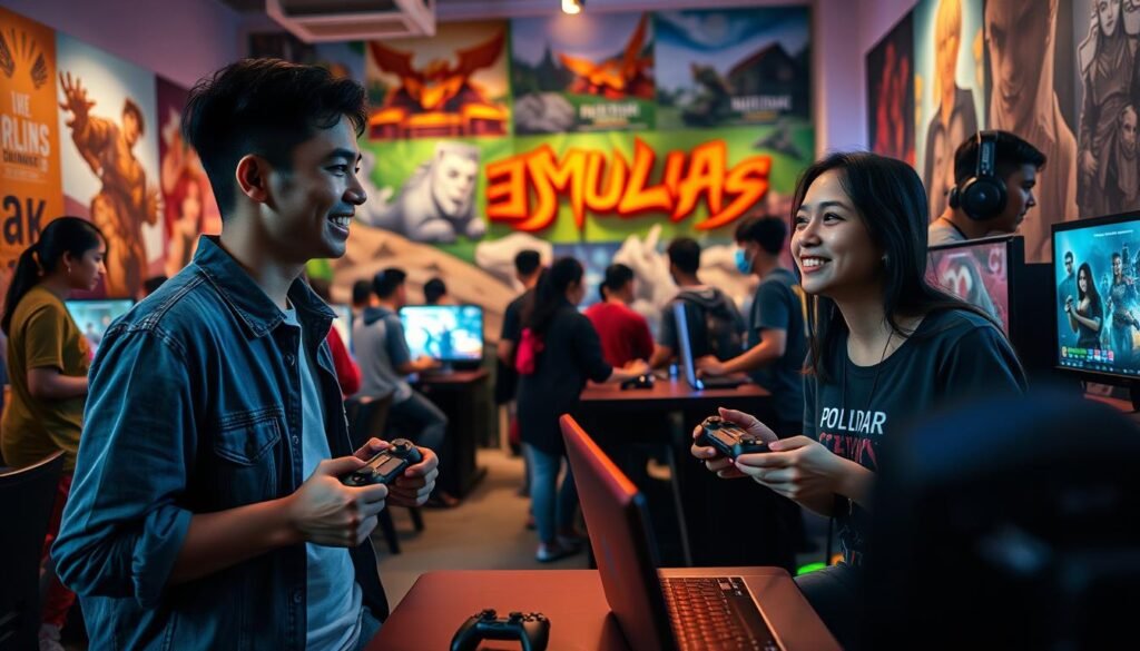 A vibrant scene depicting a diverse group of Indonesian gamers in a community setting, gathered around gaming stations with controllers and laptops. In the foreground, focus on two young adults, one male and one female, joyously discussing strategy, dressed in casual yet stylish attire, showcasing modern gaming culture. The middle ground features several gaming setups displaying popular titles, with posters of iconic games and colorful LED lights creating an energizing atmosphere. In the background, a wall adorned with Indonesian cultural elements reflects the blend of local traditions and gaming. Soft, warm lighting illuminates the scene, enhancing camaraderie and excitement, captured from a slightly elevated angle to showcase the overall ambiance and engagement of the community. A vibrant scene depicting a diverse group of Indonesian gamers in a community setting, gathered around gaming stations with controllers and laptops. In the foreground, focus on two young adults, one male and one female, joyously discussing strategy, dressed in casual yet stylish attire, showcasing modern gaming culture. The middle ground features several gaming setups displaying popular titles, with posters of iconic games and colorful LED lights creating an energizing atmosphere. In the background, a wall adorned with Indonesian cultural elements reflects the blend of local traditions and gaming. Soft, warm lighting illuminates the scene, enhancing camaraderie and excitement, captured from a slightly elevated angle to showcase the overall ambiance and engagement of the community.