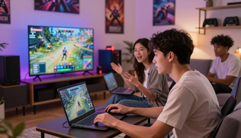 A vibrant scene depicting a group of diverse gamers in a modern living room, actively engaged in cloud gaming on sleek devices. In the foreground, a young man with short hair in casual, modest clothes focuses intently on his laptop, while a young woman with long hair, also in casual attire, enthusiastically discusses the game with him. In the middle ground, a large television displays dynamic gameplay, showing rich graphics and bright colors. The background features a cozy atmosphere with ambient lighting, showcasing gaming posters and shelves filled with game consoles. The overall mood is energetic and exciting, reflecting the lively community response to cloud gaming services in Indonesia. Capture this scene with a slightly angled perspective, enhancing depth and engagement.