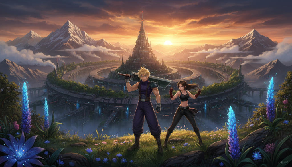A vibrant scene depicting the world of Final Fantasy VII, capturing the iconic characters in a lush, detailed landscape. In the foreground, Cloud Strife stands confidently with his Buster Sword, dressed in his classic attire, alongside Tifa Lockhart, who exudes strength and determination in her stylish combat outfit. In the middle ground, the sprawling city of Midgar looms, showcasing its towering structures and industrial feel, while vibrant trees and flowers add a touch of nature. In the background, the dramatic landscape of the Nibelheim mountains can be seen under a stunning sunset, bathing the scene in warm golden and orange hues. The atmosphere is one of nostalgia and adventure, with soft lighting illuminating the characters, creating an epic and engaging mood.