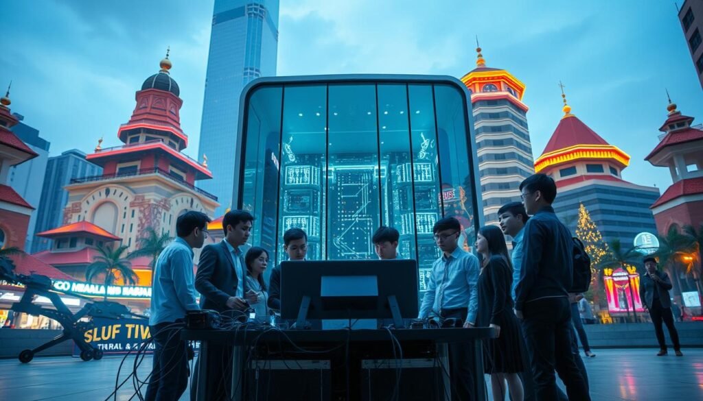 A vibrant urban landscape of Indonesia showcasing the challenges of gaming infrastructure. In the foreground, a group of young adults, dressed in professional business attire, gathered around a large, high-tech gaming setup with visible cables and devices, illustrating connectivity issues. In the middle, display a sleek server room partially visible through large glass windows, with flickering lights indicating heavy usage and a sense of strain. The background features contrasting elements of traditional Indonesian architecture mixed with modern technology, symbolizing the cultural gap. The scene is illuminated by soft, ambient lighting that conveys a serious but hopeful atmosphere, shot from a low angle to emphasize the structures and technology in play. The overall mood reflects the ongoing struggle and potential for growth in Indonesia's gaming sector. A vibrant urban landscape of Indonesia showcasing the challenges of gaming infrastructure. In the foreground, a group of young adults, dressed in professional business attire, gathered around a large, high-tech gaming setup with visible cables and devices, illustrating connectivity issues. In the middle, display a sleek server room partially visible through large glass windows, with flickering lights indicating heavy usage and a sense of strain. The background features contrasting elements of traditional Indonesian architecture mixed with modern technology, symbolizing the cultural gap. The scene is illuminated by soft, ambient lighting that conveys a serious but hopeful atmosphere, shot from a low angle to emphasize the structures and technology in play. The overall mood reflects the ongoing struggle and potential for growth in Indonesia's gaming sector.