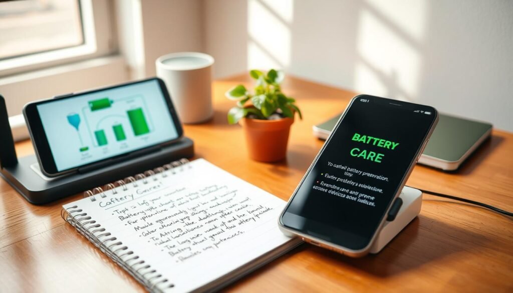 A vibrant, well-organized workspace focused on battery care tips. In the foreground, a modern smartphone is placed on a wooden desk beside a charging station, with an infographic illustrating battery maintenance techniques subtly visible on the screen. In the middle ground, a notepad with neatly written tips on battery preservation while using Android devices, alongside a small potted plant for a touch of nature. In the background, soft natural lighting streams through a window, casting gentle shadows that create a warm and inviting atmosphere. The setting conveys professionalism and a sense of productivity, ideal for readers seeking long-term battery care solutions.