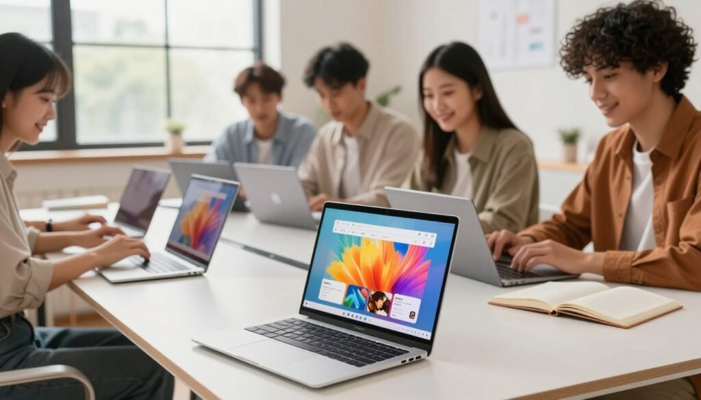 A visually appealing scene showcasing a variety of affordable Chromebooks prominently displayed on a sleek, modern desk. In the foreground, a close-up of a Chromebook opened to a vibrant home screen, highlighting its user-friendly interface and smooth design. The middle ground includes a diverse group of young professionals working on their Chromebooks, dressed in smart casual attire, engaged in collaborative tasks. The background features a cozy, bright office setting with large windows letting in natural light, reflecting a productive atmosphere. Soft, warm lighting enhances the inviting mood, creating an environment that encourages creativity and efficiency. The overall composition should convey the practicality and accessibility of Chromebooks priced under 3 million, emphasizing their attractiveness for budget-conscious consumers.