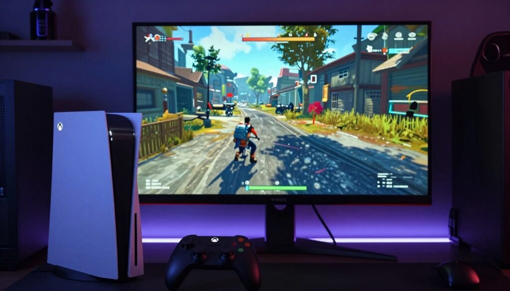 A visually captivating scene showcasing the implementation of ray tracing in a modern video game setting. In the foreground, a detailed gaming console, such as the Xbox Series S, with glowing lights and sleek design. The middle ground features a high-definition gaming monitor displaying a vibrant, immensely detailed scene from a popular game, highlighting realistic reflections and shadows created by ray tracing. The background features a gaming room with dim ambient lighting, adding to the intense atmosphere, while subtle hints of technology like LED strips and gaming accessories enhance the modern vibe. The overall mood is immersive and energetic, showcasing the future of gaming technology with a focus on the advancements of ray tracing. The composition captures the essence of a cutting-edge gaming experience without any text or people present in the scene.