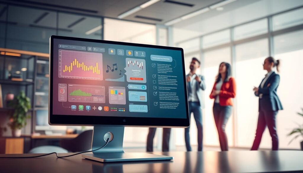 A visually engaging digital illustration representing the concept of software. In the foreground, a sleek computer screen displays colorful graphs and a flowchart symbolizing various software applications, including musical elements like notes and sound waves. In the middle ground, a diverse group of three professionals, dressed in smart casual attire, collaborates, pointing at the screen with looks of concentration and excitement. The background features a modern office environment, with soft lighting that creates a warm and inviting atmosphere, and abstract representations of code and algorithms blending softly into the background. The overall mood is dynamic and innovative, capturing the importance of software in creative industries. A visually engaging digital illustration representing the concept of software. In the foreground, a sleek computer screen displays colorful graphs and a flowchart symbolizing various software applications, including musical elements like notes and sound waves. In the middle ground, a diverse group of three professionals, dressed in smart casual attire, collaborates, pointing at the screen with looks of concentration and excitement. The background features a modern office environment, with soft lighting that creates a warm and inviting atmosphere, and abstract representations of code and algorithms blending softly into the background. The overall mood is dynamic and innovative, capturing the importance of software in creative industries.