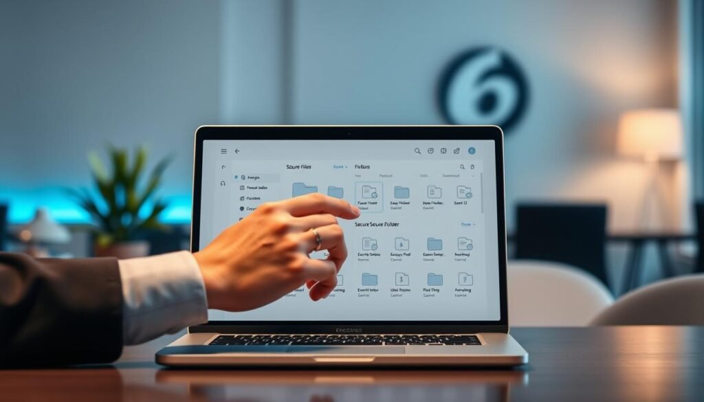 A visually engaging digital workspace showcasing the "Secure Folder" feature of the Enpass Password Manager. In the foreground, a sleek laptop with the Enpass app open, displaying a secure folder interface filled with neatly organized encrypted files and folders. A hand of a professional individual, dressed in smart casual attire, interacts with the screen, demonstrating the ease of use. The middle layer features blurred, modern office elements like a clean desk, a potted plant, and a soft blue light emanating from a desk lamp, creating a warm and inviting atmosphere. In the background, a soft bokeh effect enhances the sense of focus on the Secure Folder, emphasizing security and modernity. The overall mood is professional and trustworthy, ideal for illustrating a tech-savvy environment. A visually engaging digital workspace showcasing the "Secure Folder" feature of the Enpass Password Manager. In the foreground, a sleek laptop with the Enpass app open, displaying a secure folder interface filled with neatly organized encrypted files and folders. A hand of a professional individual, dressed in smart casual attire, interacts with the screen, demonstrating the ease of use. The middle layer features blurred, modern office elements like a clean desk, a potted plant, and a soft blue light emanating from a desk lamp, creating a warm and inviting atmosphere. In the background, a soft bokeh effect enhances the sense of focus on the Secure Folder, emphasizing security and modernity. The overall mood is professional and trustworthy, ideal for illustrating a tech-savvy environment.