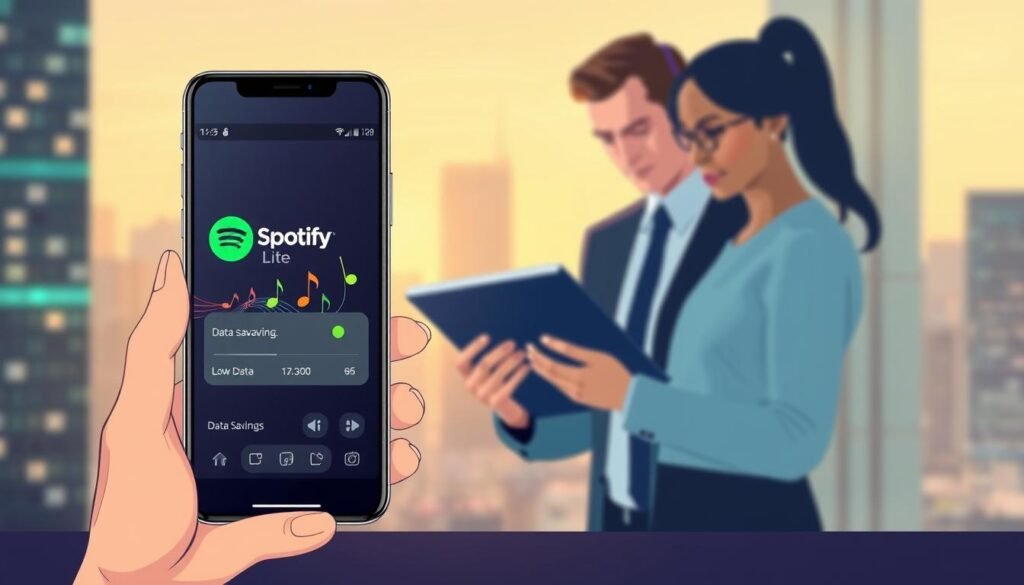 A visually engaging illustration depicting the concept of "internet data saving." In the foreground, a smartphone displaying the Spotify Lite interface with low data consumption statistics prominently highlighted. The screen should show bright, colorful graphics of musical notes, symbolizing the app's function. In the middle ground, a person in professional attire analyzing the data savings on a tablet, appearing focused and curious. In the background, a blurred cityscape representing connectivity and modern technology, accentuated by soft, warm lighting to create an inviting atmosphere. The overall mood should convey a sense of innovation and efficiency, encouraging viewers to explore data-saving solutions.