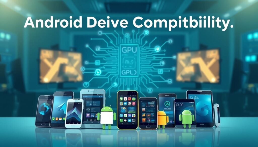 A visually engaging illustration representing the concept of "Android Device Compatibility". Foreground: A diverse array of Android devices, including smartphones and tablets, arranged in a semi-circle, showcasing various chipsets and operating system icons. Middle: An abstract representation of GPU architecture, featuring interconnected lines and circuits that symbolize advanced technology and settings. Background: A soft-focus depiction of a tech workspace, with glowing screens and a subtle blue-green color palette to evoke a modern atmosphere. Soft, ambient lighting enhances the tech vibe while maintaining clarity. Capture the essence of compatibility and performance tuning in a professional and inspiring manner.