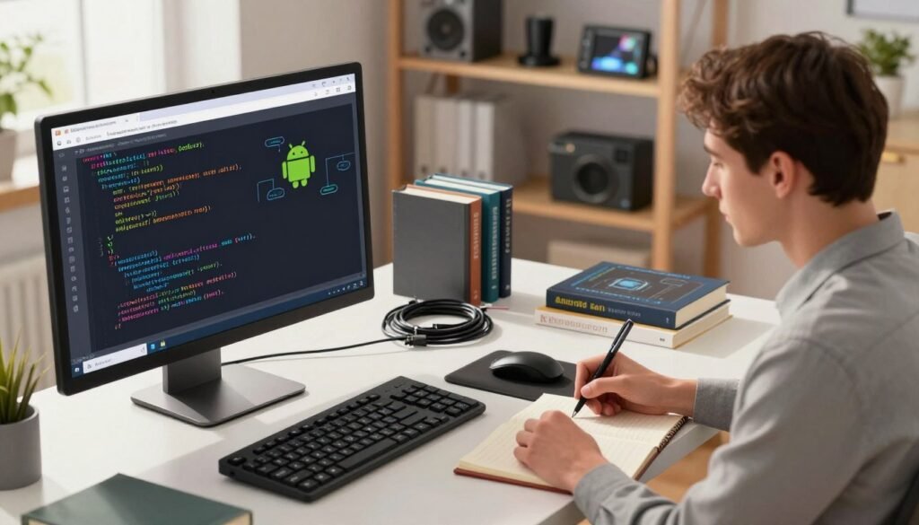 A visually engaging illustration showcasing a secure Android kernel modification guide. In the foreground, a computer screen displays code snippets and diagrams related to kernel modification, set on a sleek, modern desk. Beside the computer, a user dressed in professional attire, focused and taking notes. In the middle ground, an array of tools like cables and technical books are neatly arranged, symbolizing the process of modification. The background features a softly lit workspace with shelves filled with tech gadgets, enhancing a productive ambience. The scene is illuminated with warm, natural lighting to evoke a sense of creativity and innovation, captured from a slightly elevated angle for depth and context.