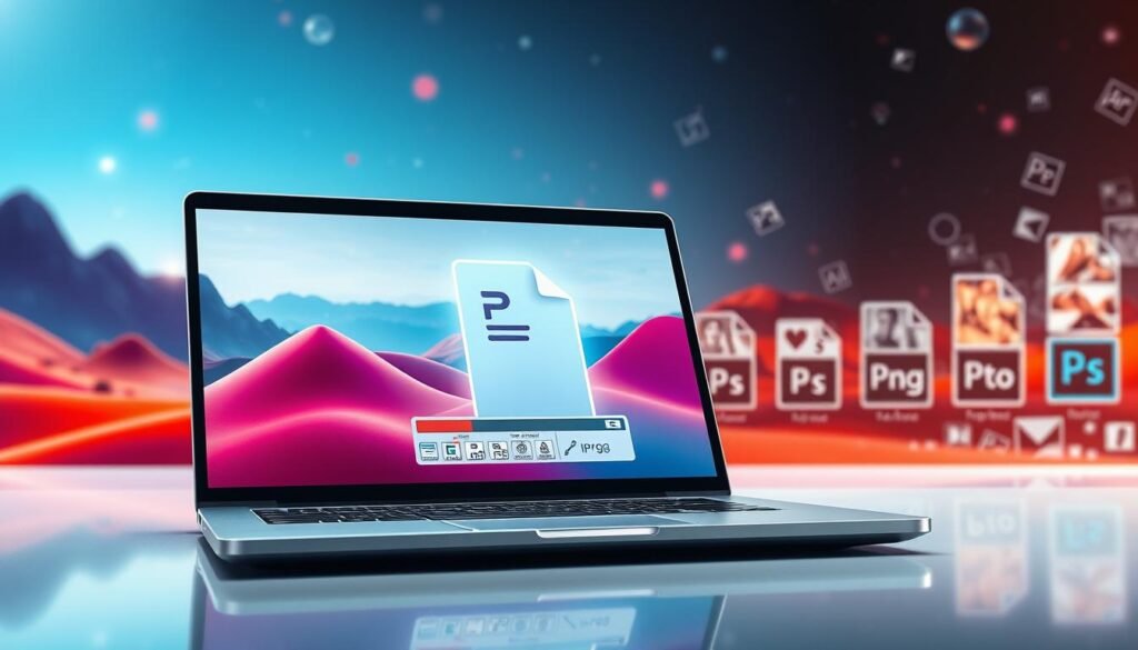 A visually engaging representation of file compression technology, focusing on the evolution of image quality and size. In the foreground, a sleek, modern laptop is open, displaying a graphic of a compressed image file being transformed, with a progress bar and peeking icons of various image formats (JPEG, PNG, etc.). The middle ground features a digital landscape filled with abstract shapes symbolizing data flow and compression algorithms, all in vibrant colors. In the background, a soft-focus image of pixelated photographs and icons showcases various versions of Photoshop in a gradient transition, illustrating their increasing file sizes over time. The lighting is bright and futuristic, casting subtle glows on the laptop and shapes, creating a sense of innovation and technological advancement. The overall atmosphere is dynamic and inspiring, encouraging curiosity about file compression capabilities.