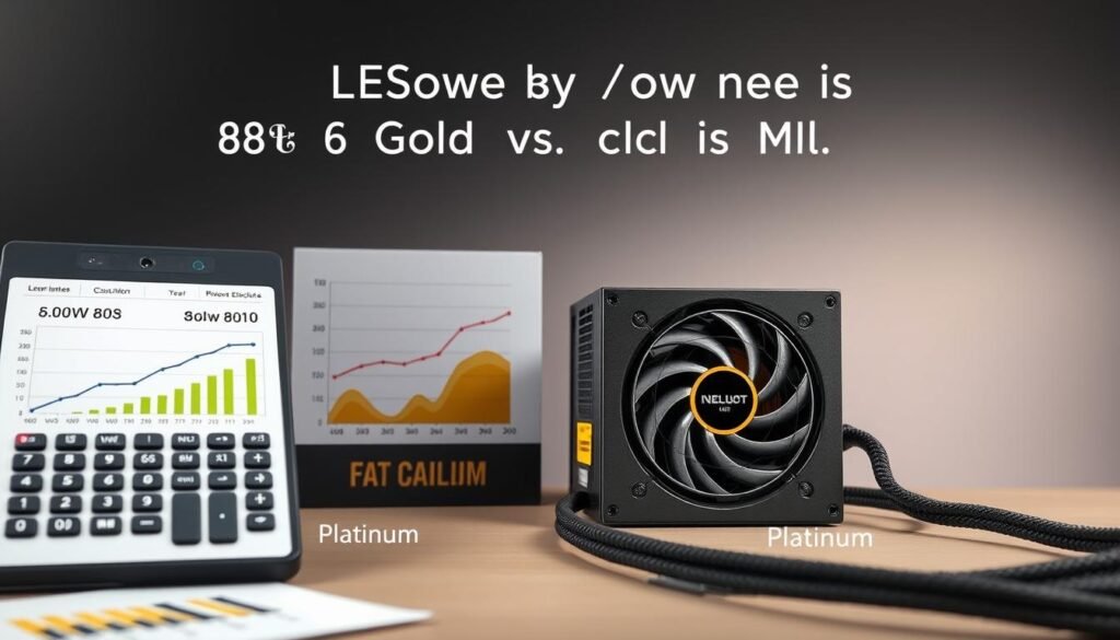 A visually engaging scene illustrating the concept of electricity savings in power supplies, focusing on an 850W 80+ Gold vs. Platinum comparison. In the foreground, depict a detailed calculator showcasing energy calculations, alongside graphs indicating electricity consumption over a year, emphasizing clarity in data visualization. In the middle ground, include two stylish power supply units labeled 'Gold' and 'Platinum,' subtly highlighted to denote their respective efficiency levels. In the background, show soft lighting that creates a professional atmosphere, evoking a sense of focus and analysis. Use a slight overhead angle to capture all elements cohesively, ensuring the mood is informative and analytical, suitable for a tech-savvy audience.