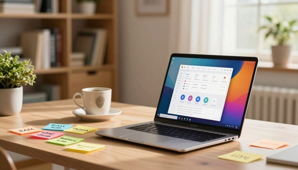 A visually engaging workspace showcasing the selection criteria for the best Chromebooks under 3 million IDR. In the foreground, a sleek, open Chromebook displaying a vibrant interface filled with productivity applications. Beside it, colorful sticky notes with criteria written in clear, legible text, such as "RAM 8GB," "eMMC 128GB," and "Battery Life." In the middle ground, an organized desk with a stylish coffee cup and a potted plant, creating a warm, inviting atmosphere. The background features a softly lit room with blurred bookshelves and a window with natural daylight spilling in, casting gentle shadows. The mood is focused and professional, suitable for tech-savvy readers seeking insightful information.