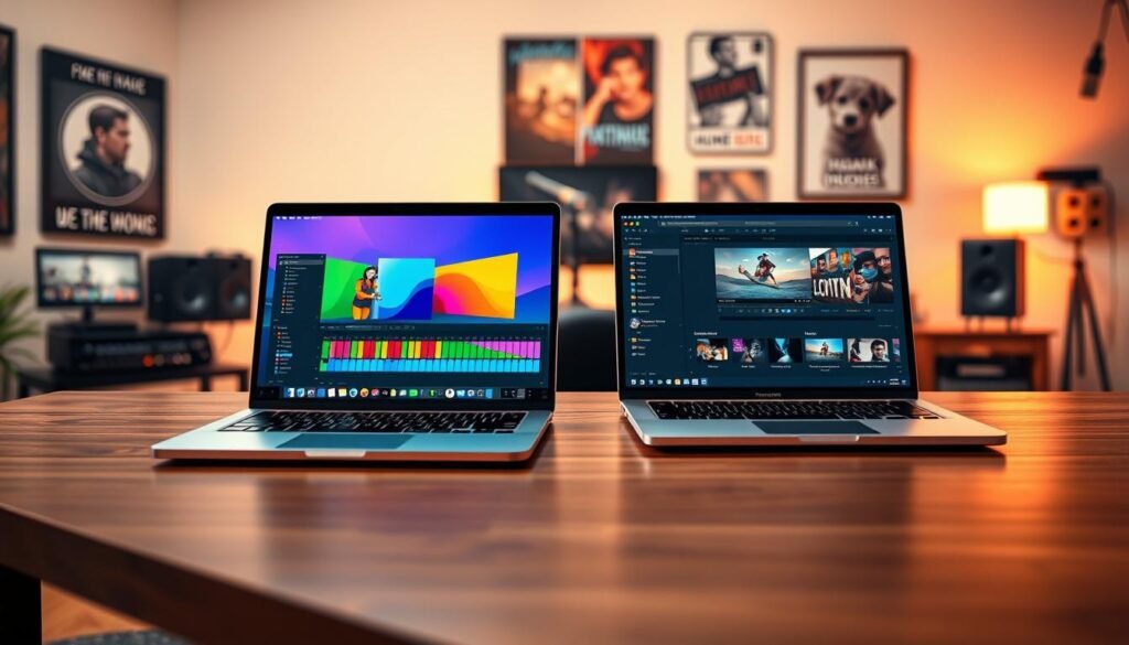 A visually striking composition illustrating the comparison between the free and Studio versions of DaVinci Resolve. In the foreground, showcase two laptops side by side on a sleek wooden desk; one screen displays the colorful interface of the free version, while the other highlights advanced features of the Studio version, emphasizing differences in editing tools and effects. In the middle ground, include a stylish workspace adorned with film editing equipment such as a color grading panel and audio monitors, subtly implying a professional setting. The background features a softly lit wall adorned with inspirational film posters. Use warm, inviting lighting to create a creative atmosphere, focusing on a professional yet vibrant vibe typical of a modern film studio environment. Capture the scene with a slightly angled perspective, highlighting the contrast between the two software versions.