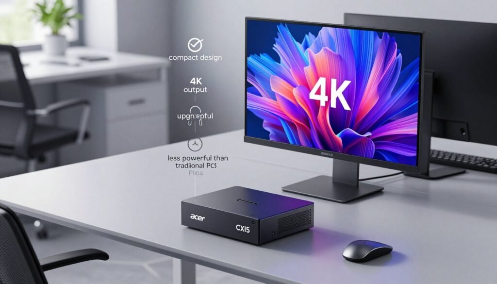 A visually striking depiction of a compact Acer Chromebox Cxi5 mini PC showcased in a modern office setting, emphasizing both its strengths and weaknesses. In the foreground, the mini PC is placed on a sleek, minimalist desk with a vibrant 4K display projecting stunning visuals. The middle area includes annotations of advantages like 'compact design', '4K output', and 'silent operation', represented with positive symbols. In contrast, subtle representations of drawbacks like 'limited upgradeability' and 'less powerful than traditional PCs' are illustrated with neutral icons. The background features a well-lit, professional workspace with soft natural lighting, captured from a slightly elevated angle to enhance depth. The atmosphere is one of efficiency and innovation, appealing to tech-savvy professionals.