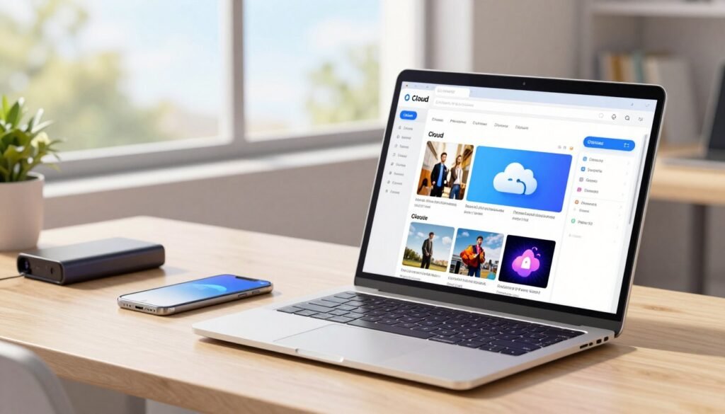A visually striking digital illustration of cloud storage for media, depicting a serene, modern workspace. In the foreground, a sleek laptop open with a cloud storage interface displayed, featuring vibrant thumbnails of photos and video files. The middle layer includes a stylish desk with a smartphone and external hard drive, suggesting the organization of media. In the background, a large window showcases a bright, sunny day, enhancing a sense of clarity and efficiency. Soft, diffused lighting illuminates the scene, creating a warm and inviting atmosphere. The overall mood is productive and tech-savvy, appealing to individuals looking to optimize their device storage.