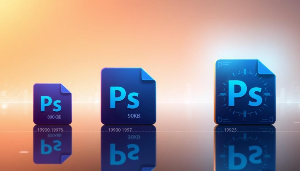 A visually striking illustration depicting the evolution of Photoshop file sizes over time. In the foreground, a comparison of three distinct versions of Photoshop, each represented as colorful, stylized file icons that gradually increase in size and complexity: the first version as a small, 800KB icon, followed by a mid-sized icon representing a later version, and finally a large, intricate icon symbolizing the current version. In the middle ground, a gradual timeline with clear markers indicating the years of major updates, transitioning from retro to modern aesthetics. In the background, a soft gradient that transitions from light to dark, symbolizing the passage of time, with subtle hints of technology like circuit patterns. The atmosphere is reflective and innovative, evoking a sense of progress in digital art and design. The lighting is warm, with a slight glow around the icons to emphasize their importance.