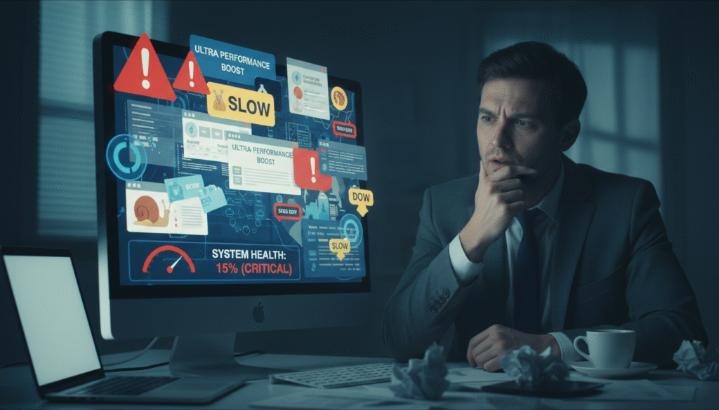 A visually striking image depicting the concept of “PC Optimization Applications that Slow You Down.” In the foreground, a computer screen displays a cluttered interface filled with warning signs and slow-loading icons, symbolizing software malfunctions. The middle ground features a frustrated user in professional business attire, contemplating the screen with a questioning expression, surrounded by scattered paperwork and a half-empty coffee cup, suggesting stress from slow performance. In the background, a dimly lit room contrasts with the bright screen, creating a tense atmosphere. Soft shadows enhance the scene, with a cool color palette conveying a sense of frustration and caution. The angle captures both the user and the chaotic screen, emphasizing the theme of optimization gone wrong.