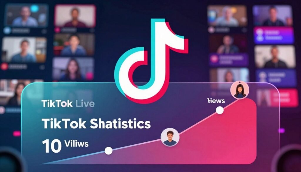 A visually striking infographic illustrating "TikTok Live Viewer Statistics." In the foreground, a large, stylized chart displays key statistics in vibrant colors, highlighting the impressive 10 million views, with icons representing viewers engaging in live streams. In the middle ground, a dynamic, abstract representation of TikTok's logo blends seamlessly into the background, symbolizing the platform's viral nature. The background features a blurred, colorful spectacle of live video streams, creating a lively atmosphere. Soft, focused lighting bathes the charts for clarity, while a shallow depth of field emphasizes the statistics and gives a sense of depth to the scene. The overall mood is energetic and engaging, emphasizing the excitement of the TikTok Live experience and its recent success.