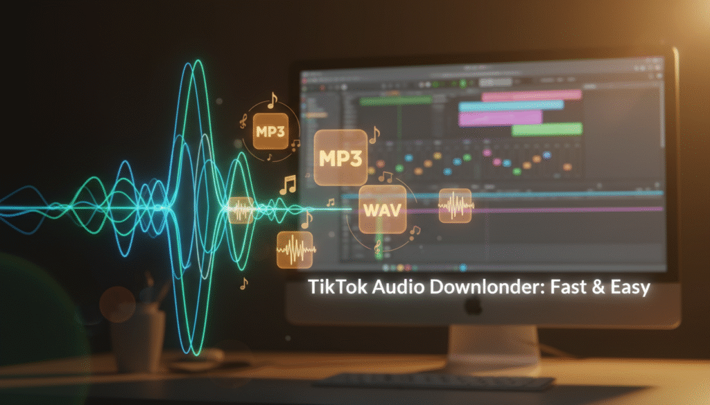 A visually striking representation of audio, focusing on sound waves and digital elements. In the foreground, a vibrant sound wave pattern radiates across the image, created with intricate curves and lines in shades of blue and green. In the middle ground, various digital audio files and music notes are scattered, depicting formats like MP3 and WAV with graphical icons. The background features a softly blurred image of a computer screen, illustrating a digital interface with music software open. Use warm, inviting lighting to create a dynamic and energetic atmosphere, suggesting creativity and technology. The scene should convey a sense of innovation and ease of use, appealing to users eager to download audio from TikTok. The perspective is slightly angled to give depth, and the overall composition is balanced and harmonious. A visually striking representation of audio, focusing on sound waves and digital elements. In the foreground, a vibrant sound wave pattern radiates across the image, created with intricate curves and lines in shades of blue and green. In the middle ground, various digital audio files and music notes are scattered, depicting formats like MP3 and WAV with graphical icons. The background features a softly blurred image of a computer screen, illustrating a digital interface with music software open. Use warm, inviting lighting to create a dynamic and energetic atmosphere, suggesting creativity and technology. The scene should convey a sense of innovation and ease of use, appealing to users eager to download audio from TikTok. The perspective is slightly angled to give depth, and the overall composition is balanced and harmonious.