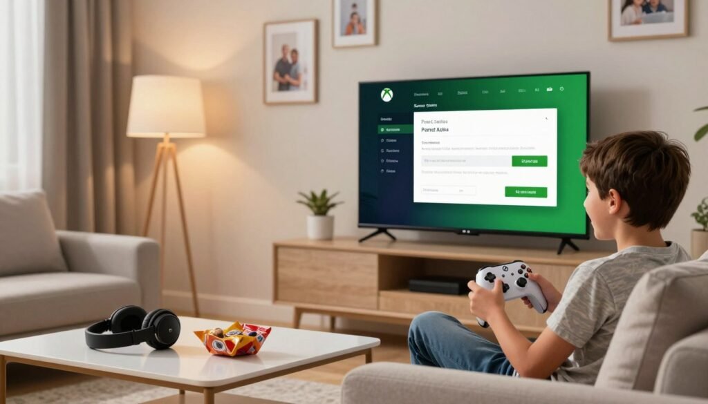 A well-lit, modern living room featuring a young child, around 10 years old, sitting comfortably on a couch with an Xbox controller in hand, focused on the television. The screen shows the Xbox dashboard with parental controls prominently displayed. In the foreground, there's a stylish coffee table with a few gaming accessories, like a headset and snacks. The middle ground includes the child’s excited expression as they navigate their new account settings. The background features soft, ambient lighting and a few family photos on the wall to create a warm, inviting atmosphere. The image should exude a sense of fun and safety, emphasizing a family-friendly gaming environment with a focus on responsible gaming. A well-lit, modern living room featuring a young child, around 10 years old, sitting comfortably on a couch with an Xbox controller in hand, focused on the television. The screen shows the Xbox dashboard with parental controls prominently displayed. In the foreground, there's a stylish coffee table with a few gaming accessories, like a headset and snacks. The middle ground includes the child’s excited expression as they navigate their new account settings. The background features soft, ambient lighting and a few family photos on the wall to create a warm, inviting atmosphere. The image should exude a sense of fun and safety, emphasizing a family-friendly gaming environment with a focus on responsible gaming.