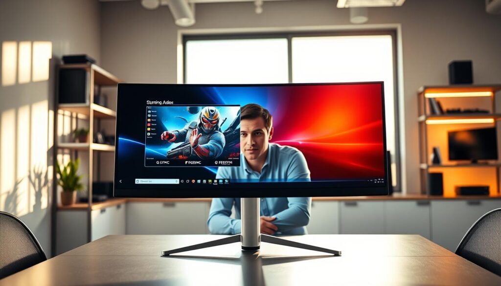 A well-lit, modern office space featuring a sleek gaming monitor prominently displayed on a stylish desk. In the foreground, the monitor's vibrant screen showcases a gaming interface with stunning graphics, displaying elements indicative of both G-Sync and FreeSync. In the middle, a professional individual dressed in casual business attire, focused intently on the monitor, is seated at the desk. The background includes shelves with gaming accessories and ambient lighting that enhances the high-tech atmosphere. Soft sunlight streams through a large window, casting gentle shadows, while reflecting off the monitor's surface. The overall mood is encouraging and energetic, providing a clear sense of purpose perfect for a guide on choosing the right gaming monitor. A well-lit, modern office space featuring a sleek gaming monitor prominently displayed on a stylish desk. In the foreground, the monitor's vibrant screen showcases a gaming interface with stunning graphics, displaying elements indicative of both G-Sync and FreeSync. In the middle, a professional individual dressed in casual business attire, focused intently on the monitor, is seated at the desk. The background includes shelves with gaming accessories and ambient lighting that enhances the high-tech atmosphere. Soft sunlight streams through a large window, casting gentle shadows, while reflecting off the monitor's surface. The overall mood is encouraging and energetic, providing a clear sense of purpose perfect for a guide on choosing the right gaming monitor.