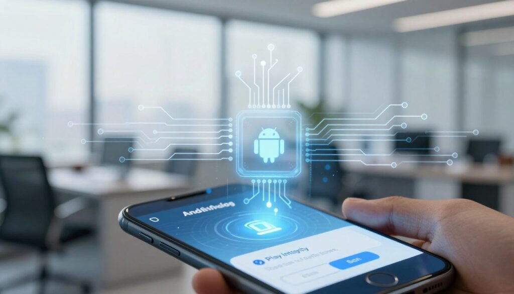An abstract representation of the Android Play Integrity verification process. In the foreground, a close-up of a smartphone screen displaying sophisticated verification algorithms and cryptographic symbols, illuminated by a soft blue light. In the middle, a series of interconnected, transparent circuit designs symbolizing the intricate workings of root detection and security protocols. The background features a blurred office environment with soft, natural daylight filtering through large windows, creating an atmosphere of professionalism and technological advancement. The image conveys a sense of security and resilience, emphasizing the ongoing battle between system integrity and potential threats. An abstract representation of the Android Play Integrity verification process. In the foreground, a close-up of a smartphone screen displaying sophisticated verification algorithms and cryptographic symbols, illuminated by a soft blue light. In the middle, a series of interconnected, transparent circuit designs symbolizing the intricate workings of root detection and security protocols. The background features a blurred office environment with soft, natural daylight filtering through large windows, creating an atmosphere of professionalism and technological advancement. The image conveys a sense of security and resilience, emphasizing the ongoing battle between system integrity and potential threats.