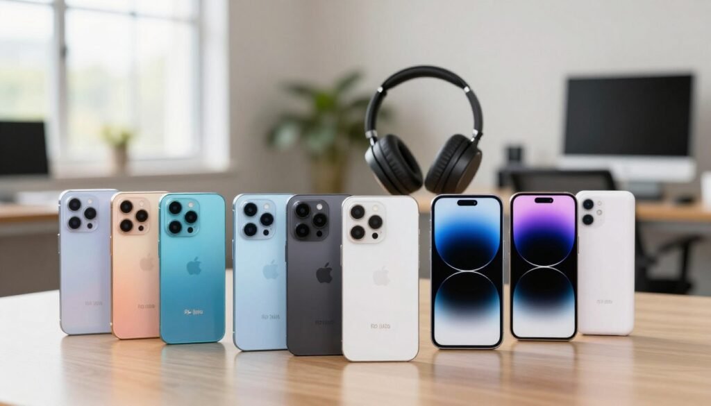 An aesthetically arranged collection of the best smartphones under Rp 1 juta, displayed prominently in the foreground. The smartphones should vary in design and color, showcasing sleek modernity and user-friendly interfaces. In the middle ground, include tech accessories like headphones and a portable charger, hinting at a tech-savvy lifestyle. The background features a soft-focus office setting with natural light streaming through a window, creating a warm, inviting atmosphere. The image should convey innovation and accessibility, with a focus on the devices and accessories being well-lit to highlight their features. The overall mood should be professional yet approachable, ideal for a technology-focused article.