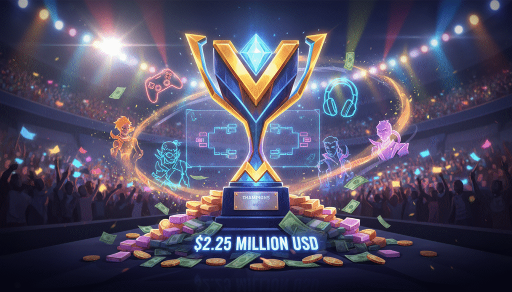 An artistic representation of the Valorant Champions 2023 prize breakdown, showcasing vibrant and dynamic visuals. In the foreground, display an elaborate trophy symbolizing the championship, surrounded by stacks of colorful currency representing the total prize pool of $2.25 million. In the middle ground, include digital icons or symbols representing various esports elements, such as gaming controllers, headsets, and character avatars in a stylized format. The background should feature a blurred esports arena, filled with cheering fans and bright stage lights to create an immersive atmosphere. Use dramatic lighting to highlight the trophy, with a slight lens flare effect for added depth. Capture the excitement and significance of the event in a visually striking manner.